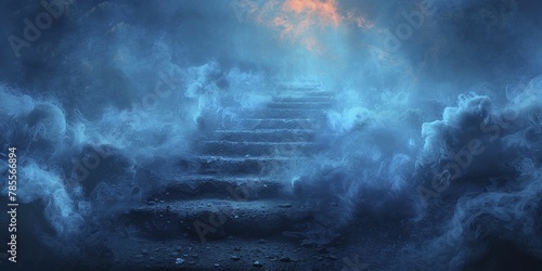 An ethereal watercolor captures an endless staircase vanishing into the sky, embodying ambitious career aspirations amid morning fog's soft glow.