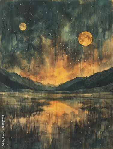 Journey through ethereal connections, orbs marking milestones, in surreal watercolor landscape with muted earth tones.