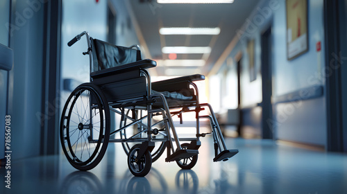 Unoccupied Black Wheelchair Positioned in a Bright Hospital Hallway photo