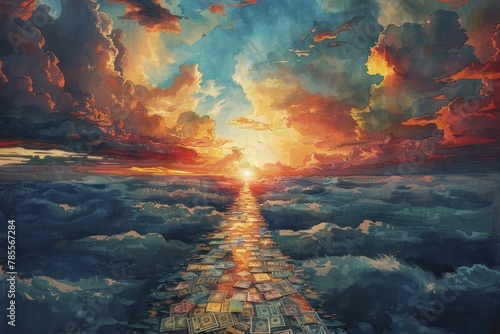 In the ethereal watercolor painting, floating currencies create a celestial path toward a radiant financial journey's horizon.