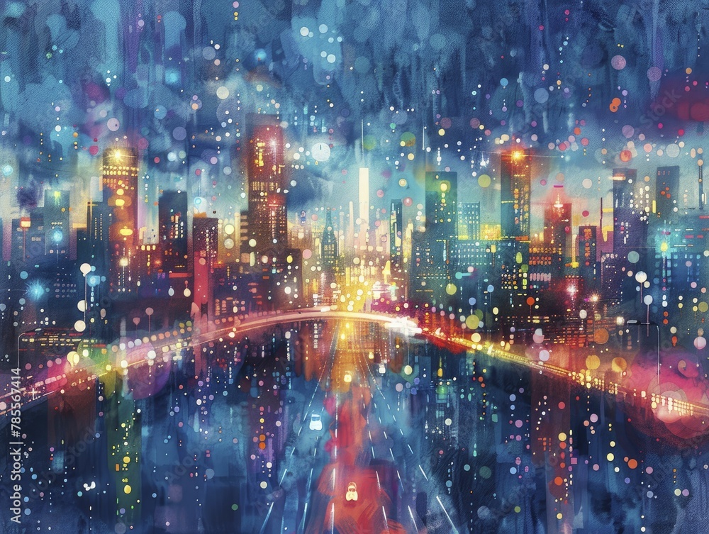 In the mesmerizing watercolor painting, a digital business ecosystem thrives with data streams and light particles replacing traditional roads and vehicles.