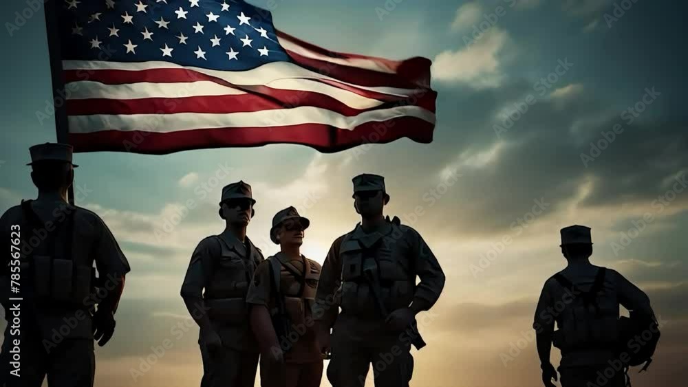 Silhouette of American soldiers in posing respectfully against the backdrop of a fluttering American flag, cinematic lighting with copy space area. Silhouette of American soldiers in posing respectfully against the backdrop of a fluttering American flag, cinematic lighting with copy space area.