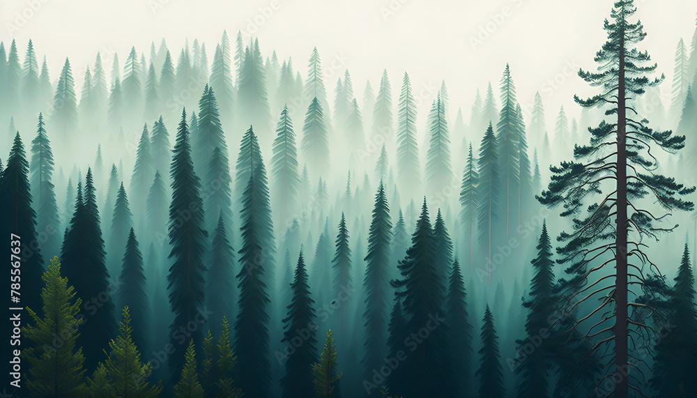 Fir forest in vintage retro style with beautiful landscape. Generative AI