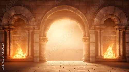 Ancient arch fire.  Ancient classic architecture stone arches ai with fire flames
