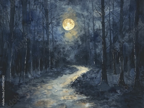 Navigating through the shadows of uncertainty in business decisions, like a moonlit watercolor painting, following a glowing trail for guidance. © Kanisorn