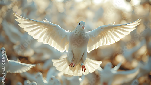 Flock of Pigeons in Flight,
White Bird Flying With Spread Wings
 photo