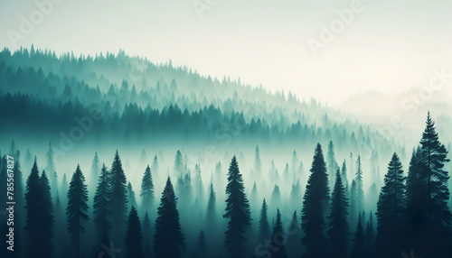 Fir forest in vintage retro style with beautiful landscape. Generative AI © MDNAJIMODDIN