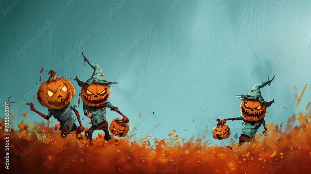 Cartoon three pumpkins, bandits, robbers and evil funny criminals, against the background of a field with copy space - obrazy, fototapety, plakaty 