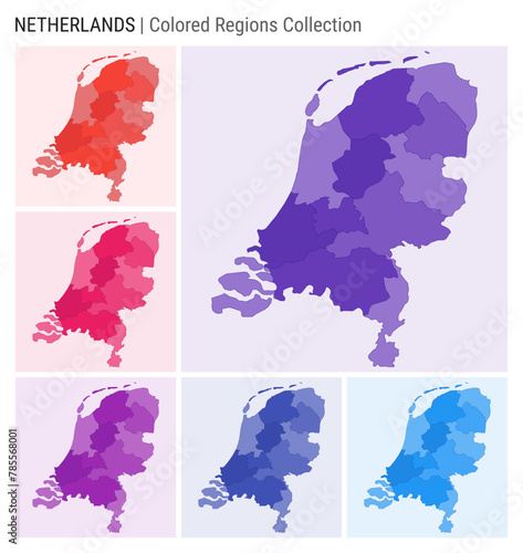 Netherlands map collection. Country shape with colored regions. Deep Purple, Red, Pink, Purple, Indigo, Blue color palettes. Border of Netherlands with provinces for your infographic.