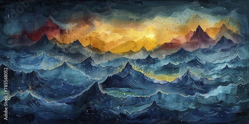 In the turbulent sea of commerce, graphs mimic ocean waves, capturing market shifts beneath a stormy sky in a watercolor masterpiece. photo
