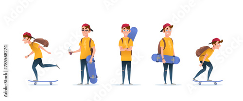 Skater boy or guy with skateboard in different poses and various scenarios. Skateboarder on isolated white background. Vector cartoon flat character illustration