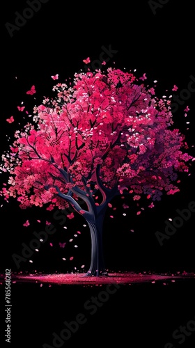 A tree with pink flowers in the dark