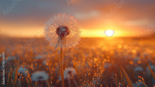 Dandelion in water drops stand in the meadow in the evening sunlight  background with copy space  summer concept