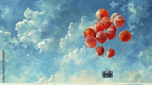 In the dreamy watercolor scene, whimsical balloons drift towards cloud-shaped goals on a sunny day, one clasping a briefcase. photo