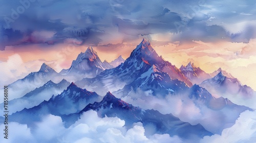 Surreal mountain peaks as metaphors for business goals, rising above clouds, dawn light casting long shadows, watercolor painting. © Kanisorn