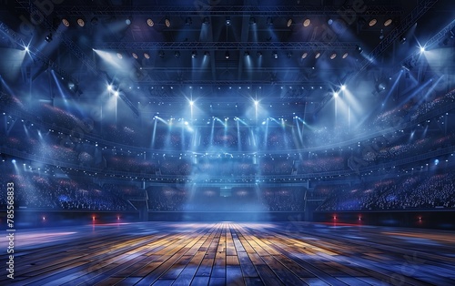 Inside view of a large concert arena with spotlights