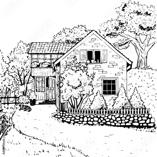 Old rural cottage with yard hand drawn sketch. Cute antique house with tile roof, flower pot on window, garden trees, clothesline and dog. Country road and cottage core scene architecture line art. © Cute Design