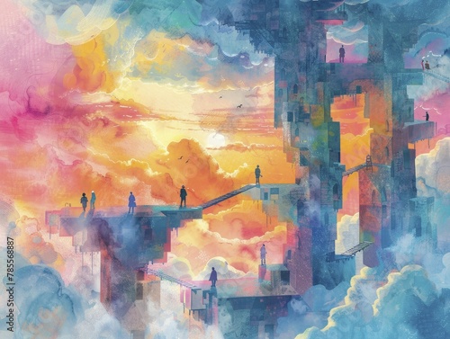 Surreal office in clouds with people climbing abstract ladders  bright sunlight and soft  airy atmosphere  watercolor painting.
