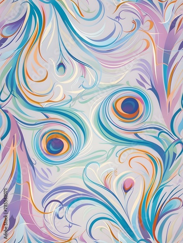 peacock feathers, pastel colors, swirls, swirl seamless patterns