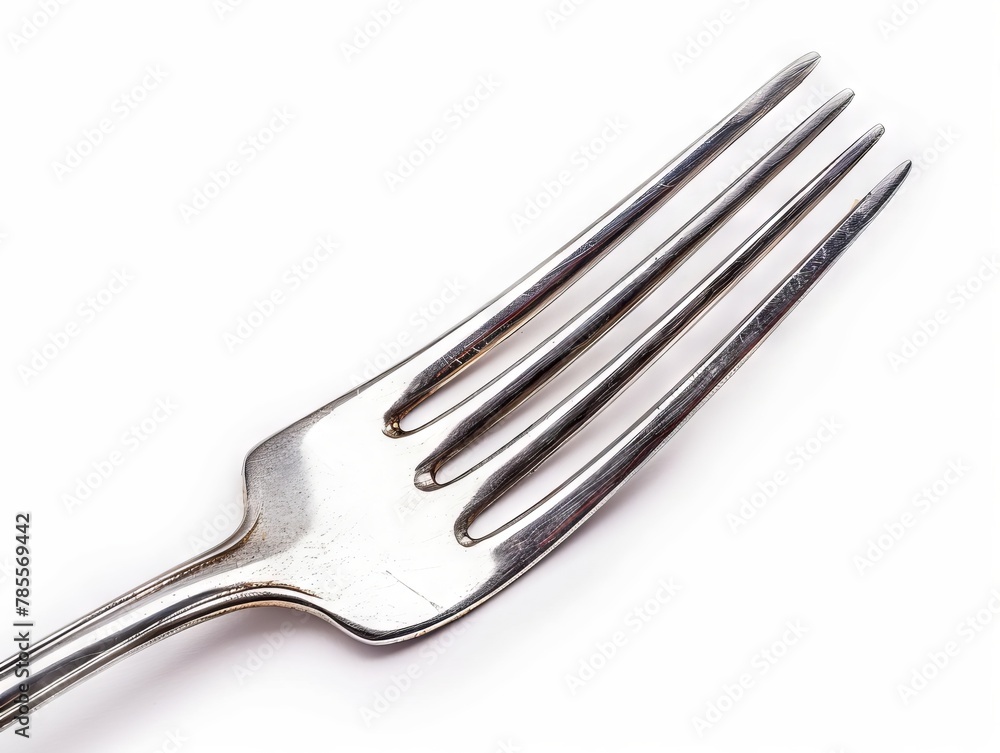 A silver fork with four tines on a white background. A silver fork with four tines on a white background.
