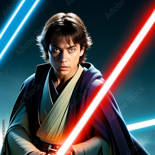 a master jedi with a light saber using the force photo