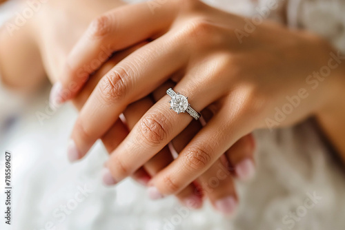 hands of the groom and bride with the beautiful gold and diamond wedding ring at the marriage ceremony, white dress