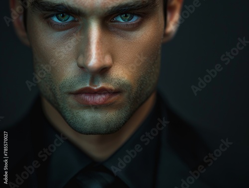 Man with blue eyes in black shirt and tie