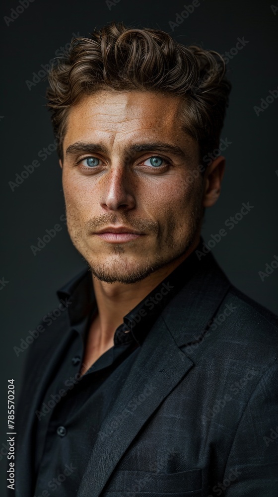 Man in black suit with blue eyes