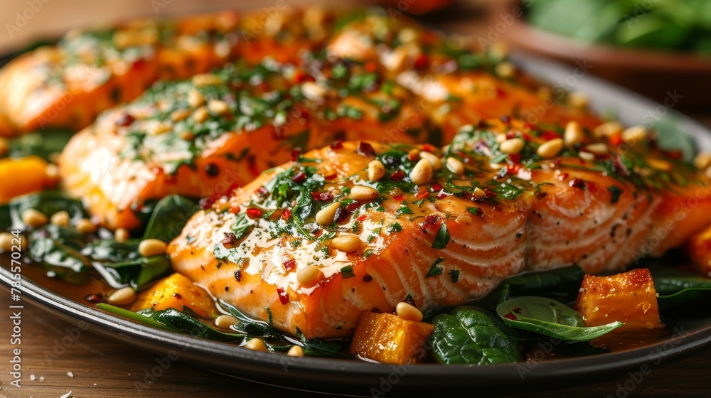 Salmon atop spinach, resting on a bed of fresh Spinach Salmon atop spinach, resting on a bed of fresh Spinach