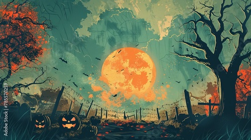 A Halloween Scene With Pumpkins photo