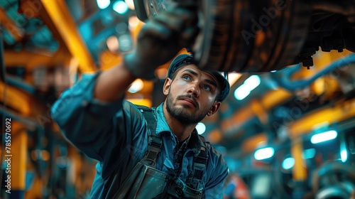 A mechanic inspecting the undercarriage of a car on a hydraulic lift in a state-of-the-art automotive service cente