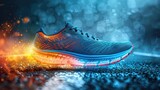 A pair of running shoes with vibrant colors and dynamic design,  on a track with motion blur to imply speed