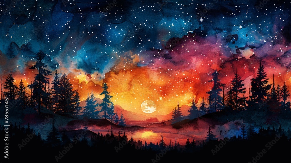 Fototapeta premium This watercolor painting depicts a forest engulfed in flames under a twilight sky, showcasing contrasting cool and warm tones