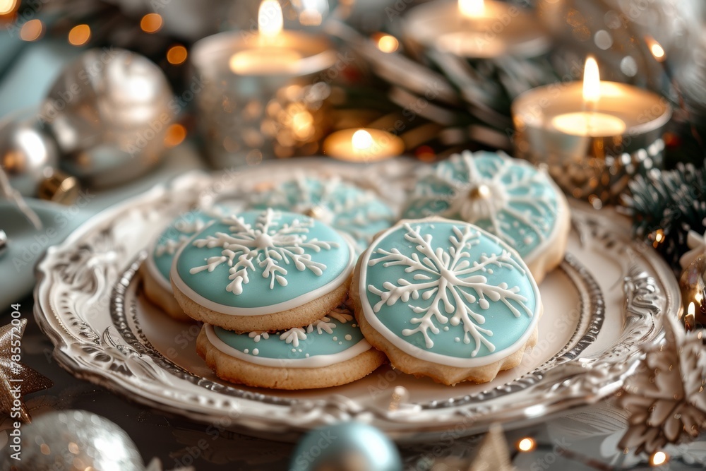Snowflake cookies with turquoise icing on an ornate plate