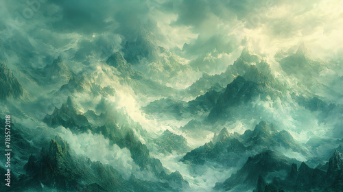 beautiful mountain under sea of cloud   light blue green white and gold  minimalist style  