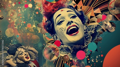 Colorful Carnivalesque Artwork with Vintage Clown Performer photo