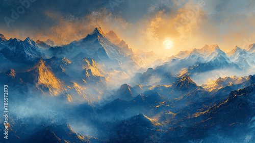 beautiful mountain under sea of cloud , light blue green white and gold, minimalist style,  © Jirut