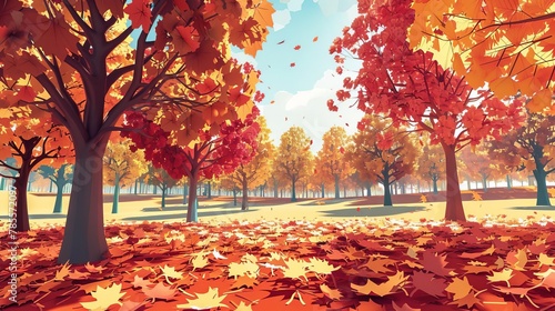 smooth 3d vector illustration of autumn park with colorful foliage on trees and fallen leaves on the ground photo