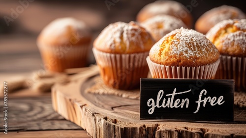A plate of muffins with a sign that says gluten free on it. The muffins are arranged on a wooden table.