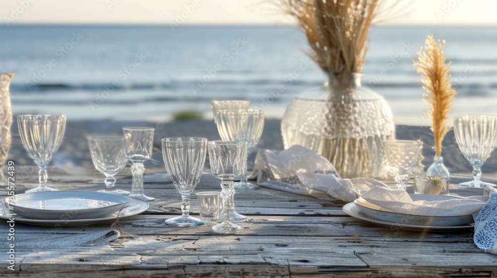 Elegant Outdoor Beach Dining Setup at Sunset