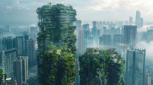 splendid ecofriendly city with vertical forest concept metropolis covered in green plants combination of civil architecture and natural biological life futuristic digital art