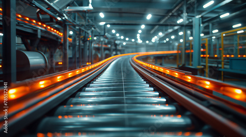 Photo of a conveyor belt, volumetric exposure,busy factory