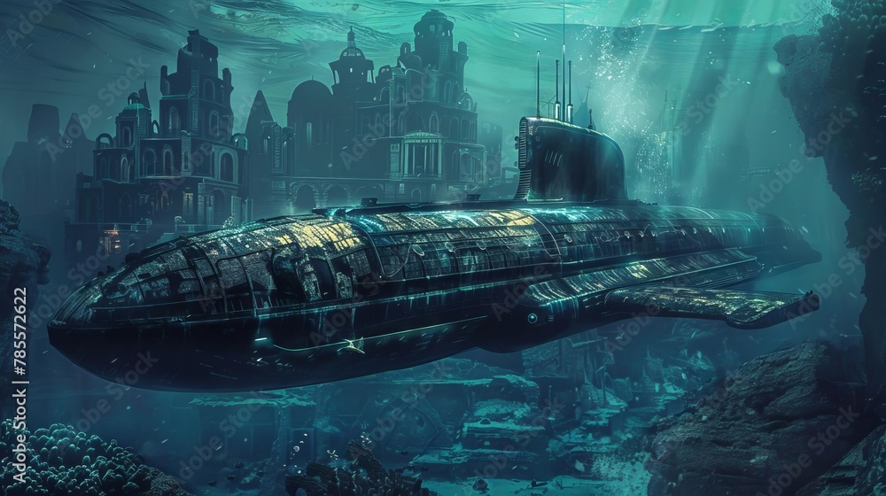 steampunk submarine exploring an underwater city with ancient ruins digital painting illustration - obrazy, fototapety, plakaty 