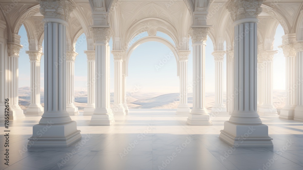 Immaculate white columns rise to meet vaulted archways, a testament to classical architectural prowess, displayed in high-definition 4k