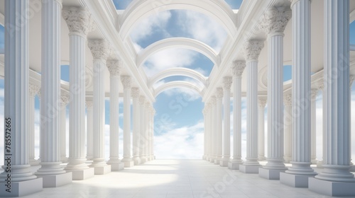 Immaculate white columns rise to meet vaulted archways, a testament to classical architectural prowess, displayed in high-definition 4k