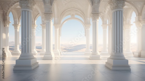 Immaculate white columns rise to meet vaulted archways, a testament to classical architectural prowess, displayed in high-definition 4k © JP STUDIO LAB