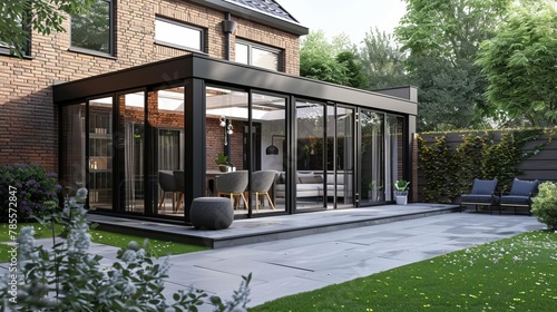 modern conservatory sunroom extending into garden with block paved patio 3d rendering of home extension