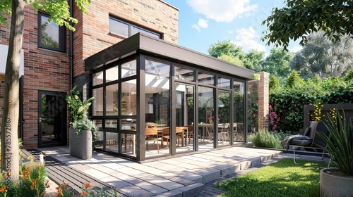 modern conservatory sunroom extending into garden with block paved patio 3d rendering of home extension photo