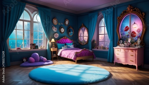 alice in wonderland bedroom, fluffy rug, big windows, wonderland theme, night windows