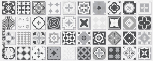 Collection of monochrome seamless geometric mosaic patterns - trendy tile textures. Decorative black and white ornamental backgrounds. Vector repeatable east prints